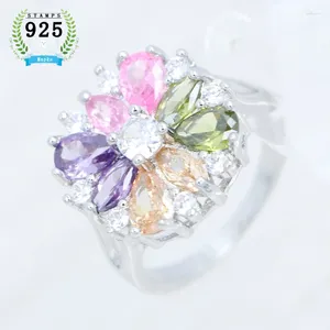 Clusterringe farbenfrohe Blumenring 925 Sterling Silber für Frauen Farbe kubische Zirkonia Blütenblätter weißer Kristall Streifen Schmuck