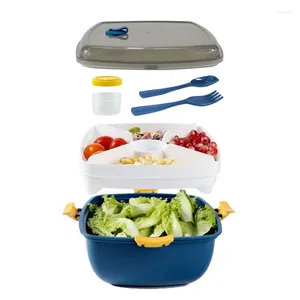 Plates 1200ml Lunch Box Container 2 Layer Grid Salad Bowl Portable Bento Boxes Bowls With Spoon Fork For