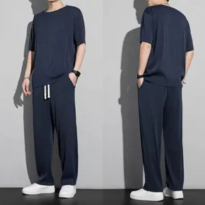 Men's Tracksuits Solid Color Casual Outfit Men Activewear Summer Set O-neck Short Sleeve T-shirt Wide Leg Pants For Everyday