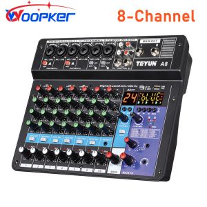 Mixer Woopker A8 Mixer de áudio 8Cannel Som mixagem de som Support Bluetooth USB 48V Power for Karaoke Party Recording Webcasting