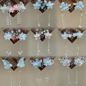 Girls Hair Clip Blue Flower Chinese Hanfu Hair Accessories Pearl Tassel Hairpin Fairy Cute Bead Barrettes Retro Parties Jewelry