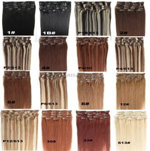 16 24 inç sarışın siyah kahverengi ipeksi düz klip, insan saç uzatmalarında 70g 100g Brezilya Hint Hint Saç Tam Kafa için 7600767