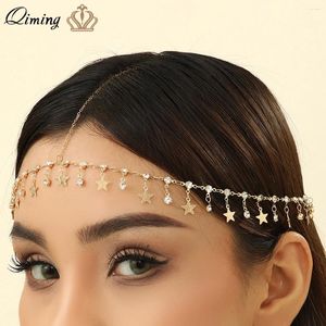 Hårklipp Qiming Handgjorda Tassel Star Crystal Bride Chain Statement Elegant Head Jewelry Wedding Headpiece Accesories