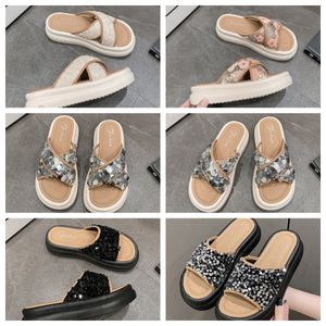 2024 New top Luxury Thick soled cross strap cool slippers women Exquisite sequin sponge cake sole one line trendy slippers