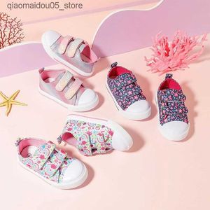 Sneakers New Girl Canvas Shoes Childrens Söta blomma Tryckta sportskor Korean Fashion Casual Shoes Colorful Nylon Buckle Canvas Shoes Q240413