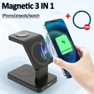 Laddare 3 i 1 Magnetic Wireless Charger Stand för iPhone 15 14 13 12 Pro Max Apple Watch 18 AirPods MacSafe Fast Charging Station Dock