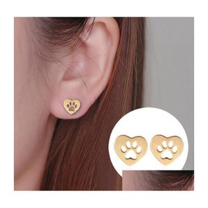 Stud Dog Paw Earrings Jewelry Women Plated Gold Hollowing Out Love Heart Footprint Ear Studs Valentines Day Gift Drop Delivery Dhd5P