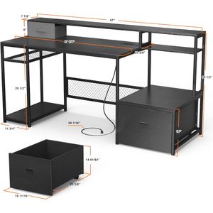 Computer Table With Storage Shelves and Drawer Study Work Desk With Monitor Stand Shelf Black Office Furniture