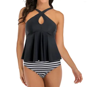 Tanwini de roupas de banho feminina Tankini maiô de duas peças Hollow Out Halter pescoço top elegante colorido respirável piscina de primavera shorts de natação