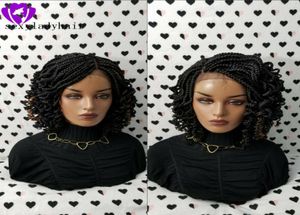 Top quality 1b black micro braiding with curly tips synthetic lace front wigs black short braided wig heat resistantr hair for bla8605952