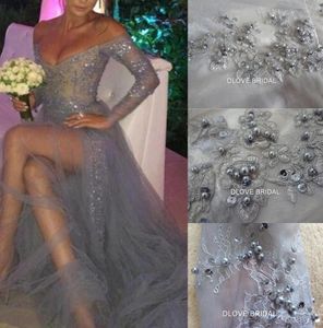 Real Image Gray Lace Tulle High Quality Prom Dress Sexy Empire V Neck Long Sleeves Special Occassion Evening Party Gown Delicate B7124402