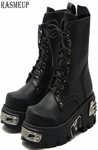 RASMEUP 6cm Punk Punk Plataforma Mulheres Botas de tornozelo Women039s Motocicleta Moda Moda Ladies Sapatos Chunky Metal Decor Black 201108911640265