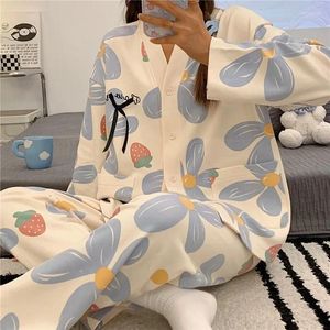 Hemkläder 2024 Autumn 2pieces Pyjamas Set Women Thin Sexig Sleepwear Lovely Suit V-Neck Girls Long Sleeve Pyjamas