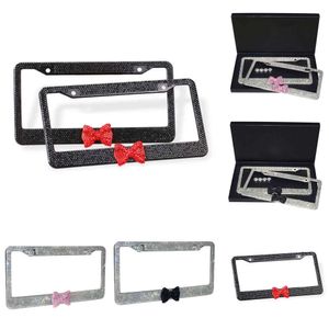 Ny bling för bilbil Bow Rhinestones Crystal License Frames Plate med 2 hål Bonusskruvar Caps Set