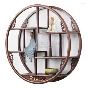 Decorative Plates Round Wooden Wall Hanging Rack Wood Small Tea Stand Ancient Solid Chinese Teapot Racks Antique Shelves