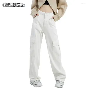 Jeans femininos Guuzyuviz White Cargo Pants Mulher 2024 Autumn Multi-Pockets Streetwear Baggy Y2K Coréia da moda feminina roupas de roupa feminina