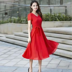 Partykleider Sommerkleid Frauen kurzärmelige Kleidung Red Chiffon Midi Erweiterbare Frau Vestido de Mujer Femme Robe