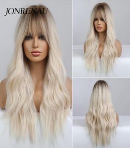 Syntetyczne peruki Jonrenau Wavy Blonde Platinum dla kobiet z grzywką Ombre Dark Long Fala Party Codzienne odporne na ciepło włosy Fibre 5317590