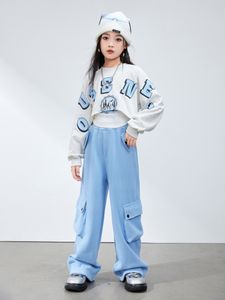 Çocuk kpop hip hop giyim mavi sweatshirt beyaz mahsul tank üst rahat geniş cep bülbeli pantolon kız caz dans kostüm kıyafetleri