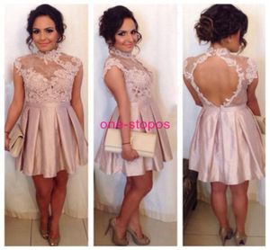 Blush Lace High Neck Short Graduation Dresses Cap Sleeve Sexy Open Back Homecoming Prom Dress Women Cocktail Party Dress 2627195