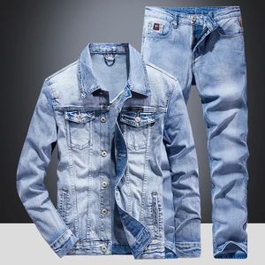 Denim Suit Mens Slim Micro-Strech Two-Piece Spring och Autumn Jacket Jeans Suit 240412