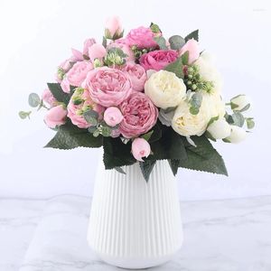 Flores decorativas 5 Cabeça grande e 4 Bud Fake for Wedding Home Decoration Indoor 30cm Persia Rose Peony Pink Silk Bouquet