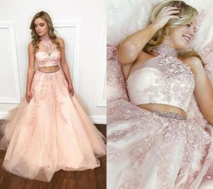 Blush Pink Two Piece Prom Dresses High Neck Appliciques spetspärlor Tulle Ball Glows Prom Dresses Sweet 16 Dresses5026957