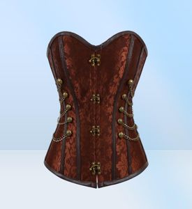 Women Vintage Steampunk Gothic PU Leather Panels Jacquard Overbust Corset Top with Chains and Buttons Accent S6XL Plus Size Brown7703997