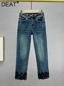 Dżinsy damskie wysoka talia stały kolor prosty koronkowy kwiat dżinsowy dżinsowe spodnie kostki 2024 Jesienna moda 29L4032