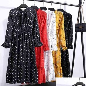 Vestidos casuais básicos Mulheres s outono black ponto vintage floral estampado camisa de camisa de camisa longa manga longa arco midi vestidos plus tamanho 21 dhok5