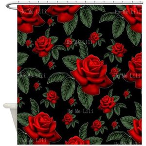 Tende da doccia 3d rose natalizie stampa tende fiori senza cuciture e foglie classiche regalo di colore verde rosso per decorazioni per il bagno