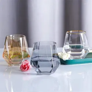 Vinglas 300 ml Hexagonal Diamond Glass Cup Creative Crystal Tasting Whisky Tumbler Gold Edge Juice Drink Water Drinkware