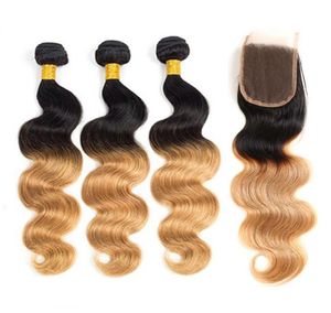 Dark Root 1B30 Ombre Human Hair Body Wave 3 Bundles with Lace Closure Brazilian Virgin Remy Hair Weaves 2 Tone Ombre Hair2660536