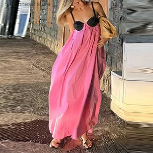 Basic Casual Dresses Fashion Patchwork Contrast Suspender Maxi Dress Women 2024 Summer Slveless Backless Sling Dresses Lady Chic Slip Beach Dress 1 T240415