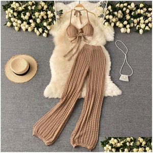 Women'S Two Piece Pants Womens Suit Women Summer Design Knitted Set Y Backless Halter Short Tops Chic Hollow Wide Leg Long Suits 2211 Dh0Wz