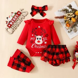 Shorts mababy 018m jul nyfödd spädbarn baby flicka kläder set brev hjort romper pläd shorts pannband ben varmare xmas outfit d05