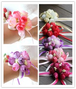 DHL Wholsesle Wrist Corsage Bridesmaid Sisters Hand Flowers Artificial Silk Lace Bride Flowers for Wedding Party Decorati3647107