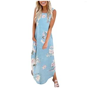 Casual Dresses Women Beach Long Dress Pocket Maxi Sleeveless Loose Printing Sweaters For Knee Length