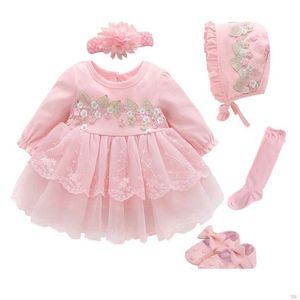 Christening Dresses Born Baby Girl Clothes For 0-3 Month Set Party Birthday Dress Outfits 0-1 Years Shoes Tights Long Socks 220721 Dro Dhh2N