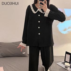 Women's Sleepwear DUOJIHUI Black Two Piece Chicly Lace Loose Pajamas For Women Basic Button Cardigan Simple Casual Pant Fashion Female Set