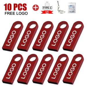 Anéis 10pcs caneta de caneta metal USB Flash Drive 4g 8g 16 GB 32 GB de memória impermeável 64 GB 128GB 2.0 Pendrive Keychain Distrivle Gift Gift