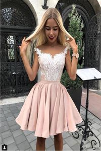 Elegant Sheer Cap Sleeves Satin A Line Homecoming Dresses 2019 Tulle Lace Applique Knee Length Short Party Prom Dresses BC19622746442