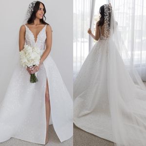 Um vestido boho de linha para noiva V lantejoulas de pescoço vestidos de noiva fulllace vestidos de noiva vestidos novia coxa robe sem costas