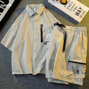 Herren Traursanzuiten koreanische modische modische einfarbige kurzärmelige Arbeitshemd Shorts passt japanische Sommer trendy hübsche Kleidung Set Urban Preppy