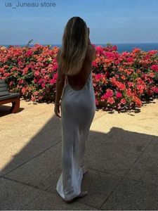 Basic Casual Dresses Elegant Satin Solid Color Sling Maxi Dress For Women Sexy Backless Slveless Long Dresses 2024 Lady Chic Beach Vocation Vestido T240412