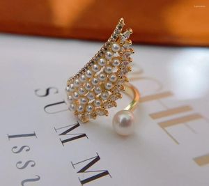 Ringos de cluster Chegada Design de penas de penas naturais anel de pérola de água doce 14k Gold para mulheres joias brilhantes Presente de zircão