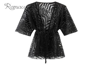 Romacci Semi Sheer tunics for beach New Women Kimono Cardigan Solid Open Front Boho Loose Outerwear Beach Bikini Cover Up Black4581376