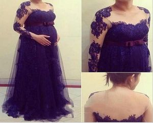 Ren långärmare spetsapplikationer aftonklänningar plus storlek gravida kvinnor formella klänningar prom klänning aline lila aftonklänningar7748904