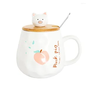 Tassen Girly Pfirsich Kaffeetasse mit süßem Schweinholz Deckel Löffel 400 ml Cartoon Keramik Cappuccino Tasse Frosted Tee für Bürohaus