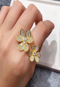 Mode 4Four Leaf Clover 3 Flowers Open Band Rings with Diamonds S925 Silver 18k Gold For Womengirls Valenentine039S MOTHER05692615